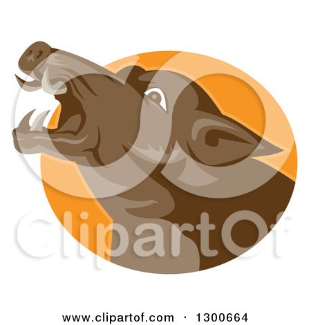 Clipart of a Retro Angry Brown Boar Head in an Orange Oval - Royalty Free Vector Illustration by patrimonio