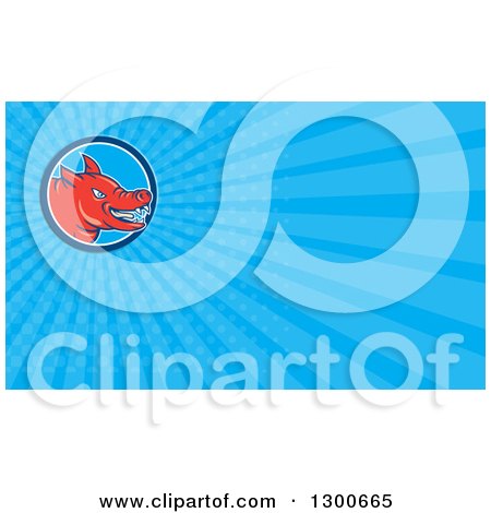Clipart of a Cartoon Angry Red Pig and Blue Rays Background or Business Card Design - Royalty Free Illustration by patrimonio