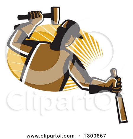 Clipart of a Retro Male Carpenter Hammering a Chisel over an Oval of Sunshine - Royalty Free Vector Illustration by patrimonio