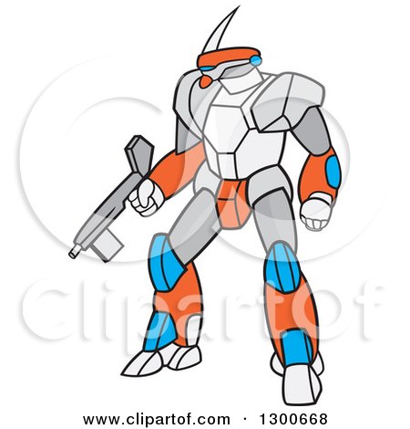 Clipart of a Cartoon Mecha Robot with a Gun - Royalty Free Vector Illustration by patrimonio