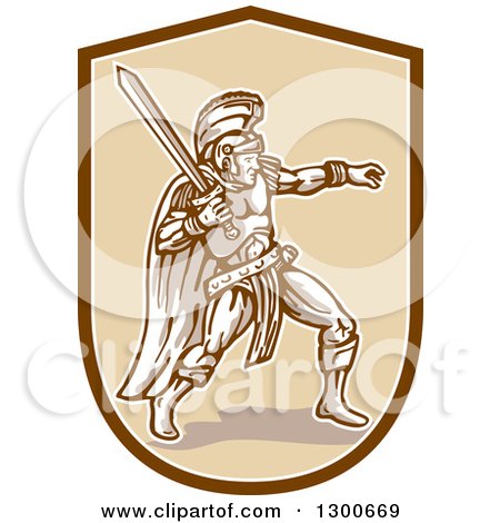 Clipart of a Fighting Roman Centurion Soldier with a Sword in a Shield - Royalty Free Vector Illustration by patrimonio