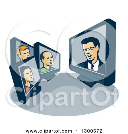Clipart of Retro Styled Computer Screens with Poeple Having a Conference - Royalty Free Vector Illustration by patrimonio