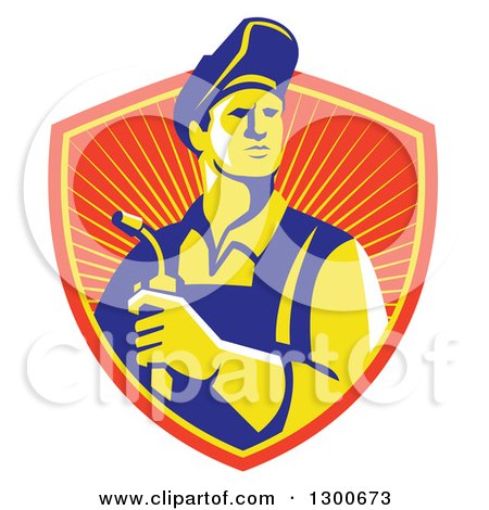Clipart of a Retro Male Welder Holding a Torch in a Sunny Shield - Royalty Free Vector Illustration by patrimonio