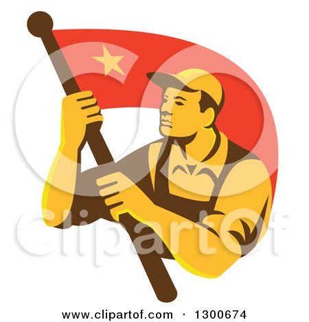 Clipart of a Retro Chinese Communist Worker Waving a Flag - Royalty Free Vector Illustration by patrimonio