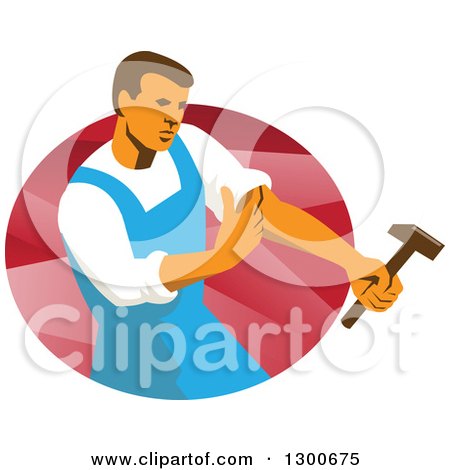 Clipart of a Retro Male Worker Rolling up a Sleeve and Holding a Hammer over an Oval of Red Rays - Royalty Free Vector Illustration by patrimonio
