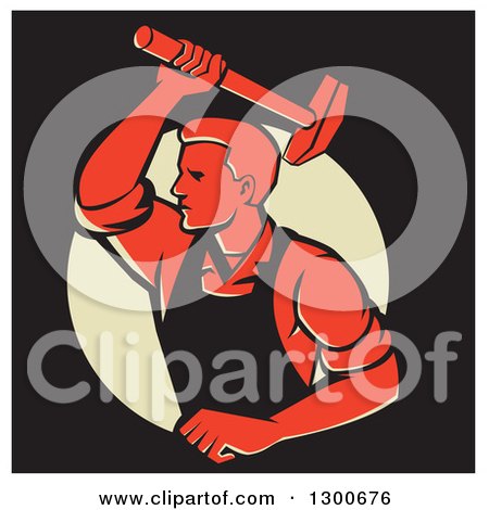 Clipart of a Retro Male Worker Hammering in Red, Black and Yellow - Royalty Free Vector Illustration by patrimonio