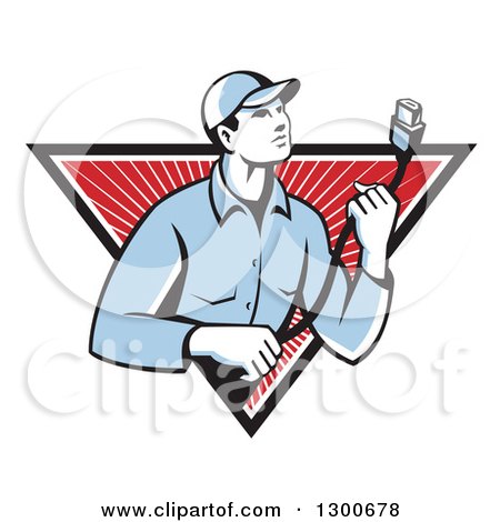 Clipart of a Retro Male Worker Holding a HDMI Cable and Emerging from a Black White and Red Rays Triangle - Royalty Free Vector Illustration by patrimonio