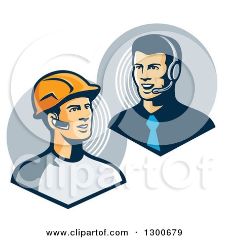Clipart of a Retro White Male Construction Worker Communicating to a Telemarketer or Boss with Bluetooth Ear Pieces - Royalty Free Vector Illustration by patrimonio