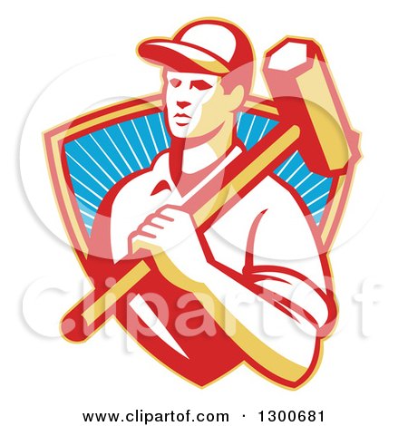 Clipart of a Retro Male Construction Worker Carrying a Sledgehammer in a Shield of Rays - Royalty Free Vector Illustration by patrimonio