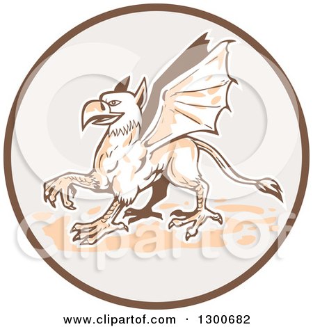 Clipart of a Walking Griffin in a Brown and Gray Circle - Royalty Free Vector Illustration by patrimonio