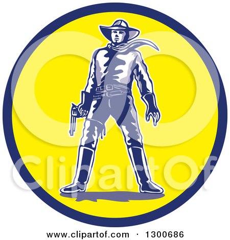 Clipart of a Cartoon Standing Western Cowboy Holding a Pistol in a Blue and Yellow Circle - Royalty Free Vector Illustration by patrimonio