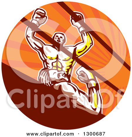 Clipart of a Cartoon Victorious Boxer Cheering over a Knocked out Opponent in an Orange Sun Ray Circle - Royalty Free Vector Illustration by patrimonio