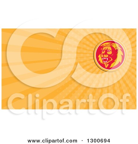 Clipart of a Retro Male Lion and Orange Rays Background or Business Card Design - Royalty Free Illustration by patrimonio