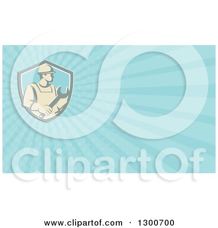 Clipart of a Retro Construction Worker Holding a Wrench and Blue Rays Background or Business Card Design - Royalty Free Illustration by patrimonio