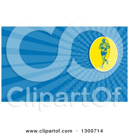 Clipart of a Retro Runner and Blue Rays Background or Business Card Design - Royalty Free Illustration by patrimonio