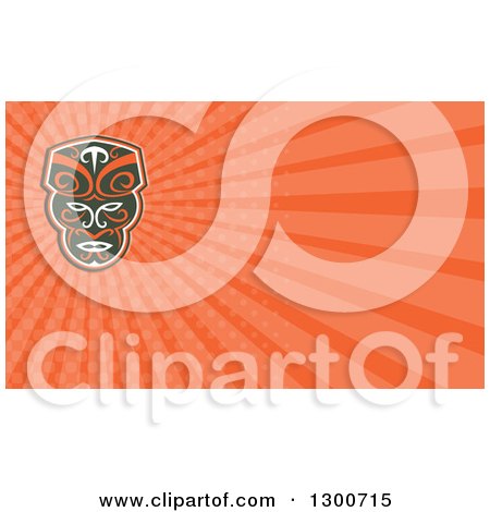 Clipart of a Retro Maori Mask and Orange Rays Background or Business Card Design - Royalty Free Illustration by patrimonio