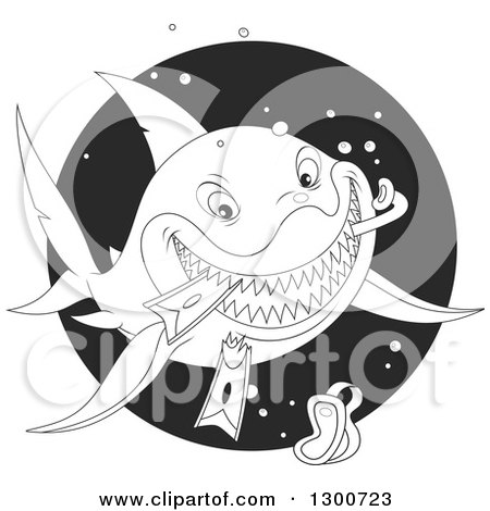 Clipart of a Black and White Lineart Shark Eating Snorkel Gear in a Circle - Royalty Free Vector Illustration by Alex Bannykh