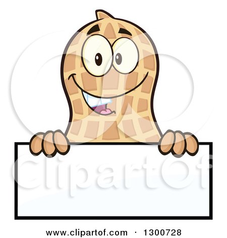 Clipart of a Happy Peanut Mascot Character Smiling over a Blank Sign - Royalty Free Vector Illustration by Hit Toon