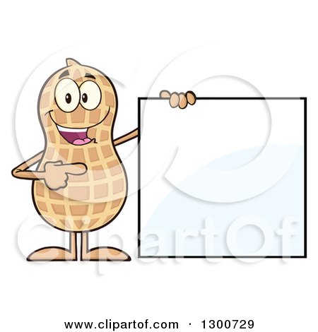 Clipart of a Happy Peanut Mascot Character Holding and Pointing to a Sign - Royalty Free Vector Illustration by Hit Toon
