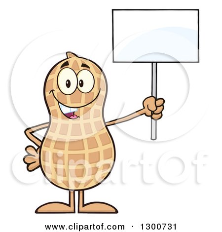 Clipart of a Happy Peanut Mascot Character Holding up a Blank Sign - Royalty Free Vector Illustration by Hit Toon