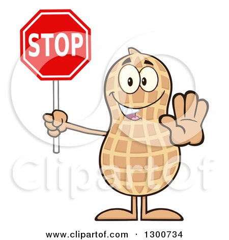 Clipart of a Happy Peanut Mascot Character Gesturing and Holding a Stop Sign - Royalty Free Vector Illustration by Hit Toon