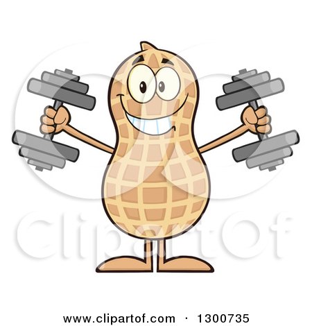 Clipart of a Happy Peanut Mascot Character Working out with Dumbbells - Royalty Free Vector Illustration by Hit Toon