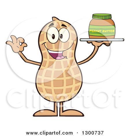 Clipart of a Happy Peanut Mascot Character Gesturing Ok and Holding a Jar of Butter - Royalty Free Vector Illustration by Hit Toon