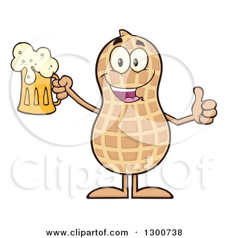 Clipart of a Happy Peanut Mascot Character Giving a Thumb up and Holding a Beer - Royalty Free Vector Illustration by Hit Toon