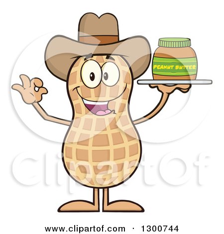 Clipart of a Happy Cowboy Peanut Mascot Character Gesturing Ok and Holding a Jar of Butter - Royalty Free Vector Illustration by Hit Toon