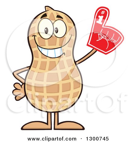 Clipart of a Happy Peanut Mascot Character Wearing a Foam Finger - Royalty Free Vector Illustration by Hit Toon