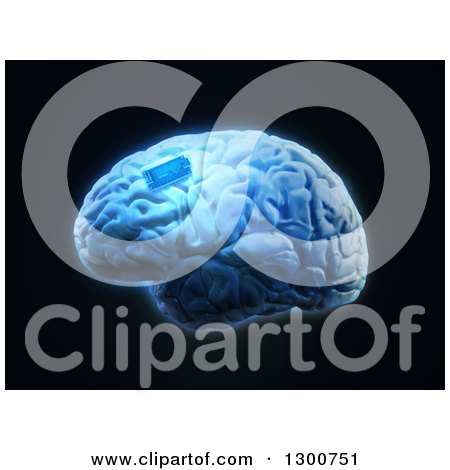 Clipart of a 3d Human Brain with a Blue Implant Chip, on Black - Royalty Free Illustration by Mopic