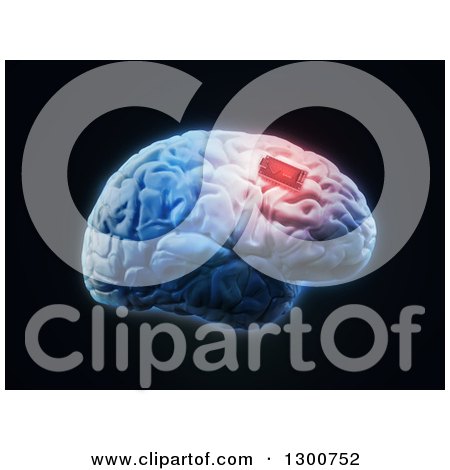 Clipart of a 3d Human Brain with a Red Implant Chip, on Black - Royalty Free Illustration by Mopic