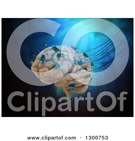 Clipart of a 3d Human Brain Wired to Computer Chips over Blue - Royalty Free Illustration by Mopic