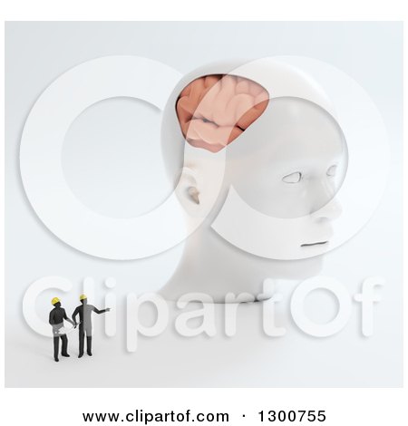 Clipart of 3d Tiny Construction People Discussing a Giant Head with a Visible Brain, on White - Royalty Free Illustration by Mopic