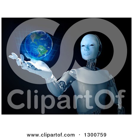 Clipart of a 3d Robot Holding a Holographic Earth, over Black - Royalty Free Illustration by Mopic