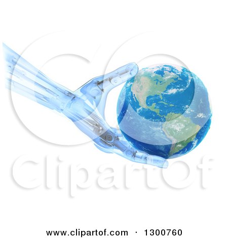 Clipart of a 3d Blue Robot Hand or Artificial Limb Holding Planet Earth, over White - Royalty Free Illustration by Mopic