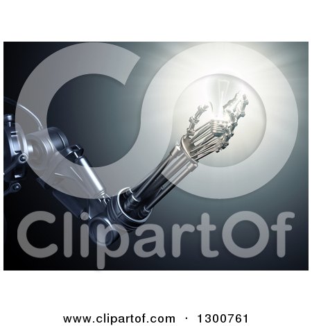 Clipart of a 3d Robotic Arm Holding a Shining Lightbulb - Royalty Free Illustration by Mopic