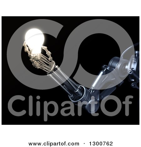 Clipart of a 3d Futuristic Robot Arm Holding a Shining Light Bulb, on Black - Royalty Free Illustration by Mopic