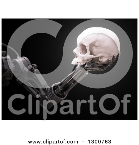 Clipart of a 3d Metal Robot Arm Holding a Human Skull, over Black - Royalty Free Illustration by Mopic