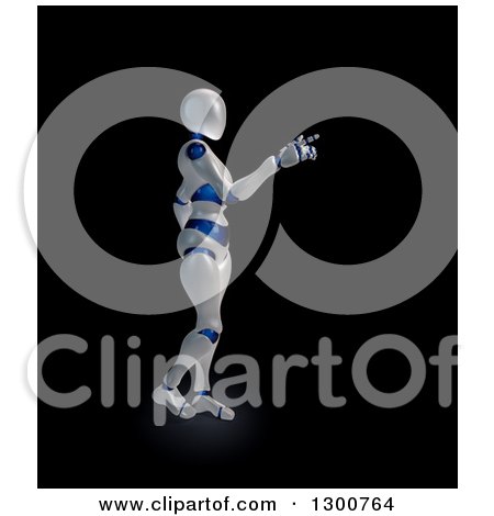 Clipart of a 3d White and Blue Robot Pointing, over Black - Royalty Free Illustration by Mopic