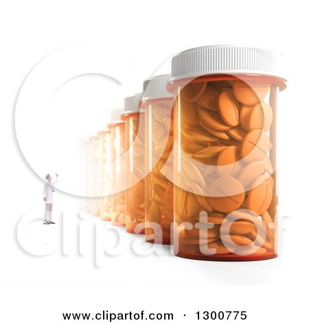 Clipart of a 3d Male Doctor or Pharmacist Looking up at a Row of Giant Pill Bottles, on White - Royalty Free Illustration by Mopic