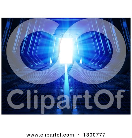 Clipart of a 3d Futuristic Corridor with Bright Blue Light Shining Through the Door at the End - Royalty Free Illustration by Mopic