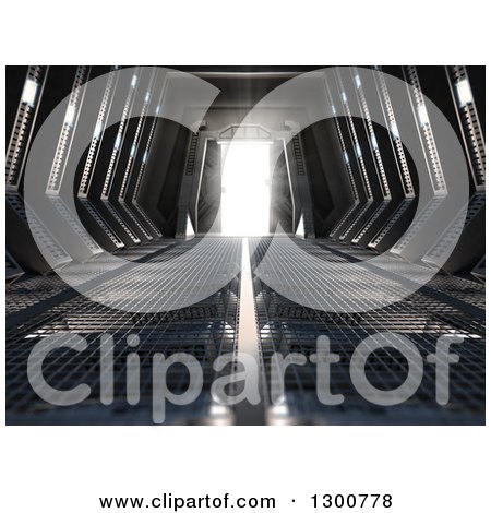 Clipart of a 3d Futuristic Corridor with Bright Light Shining Through the Door at the End - Royalty Free Illustration by Mopic