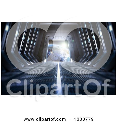 Clipart of a 3d Futuristic Corridor Earth Visible Through the Door at the End - Royalty Free Illustration by Mopic