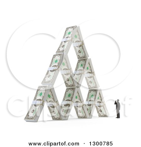 Clipart of a 3d Tiny Man by a House of Cash Money Bundles, on White - Royalty Free Illustration by Mopic