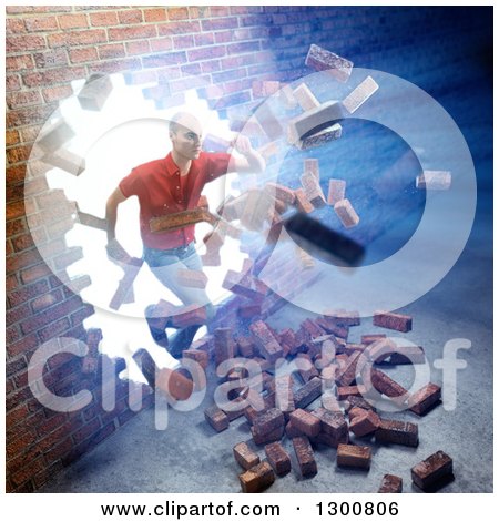 Clipart of a 3d White Man Breaking and Running Through a Brick Wall with Bright Light - Royalty Free Illustration by Mopic
