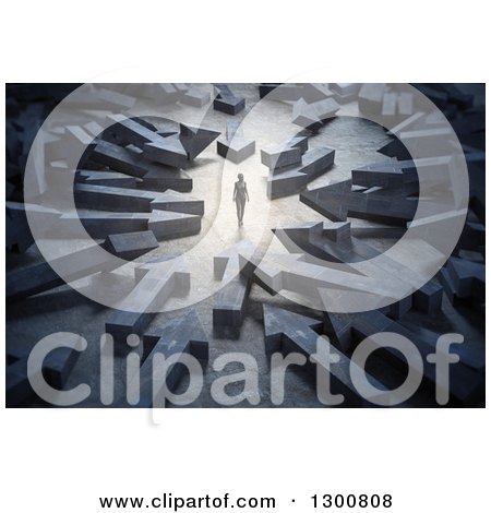 Clipart of a 3d Lone Woman in a Circle of Giant Block Arrows - Royalty Free Illustration by Mopic