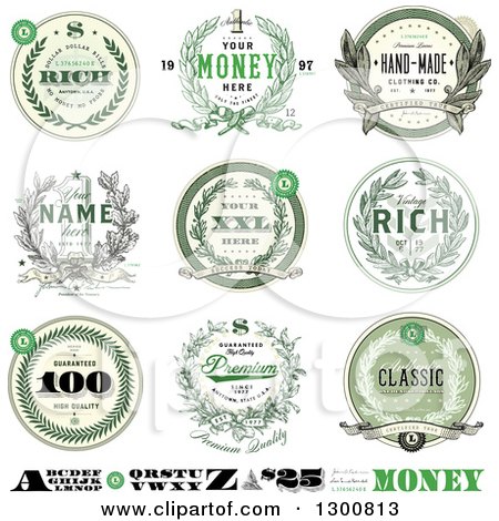 Clipart of Money Wreath Seals and Design Elements with Sample Text - Royalty Free Vector Illustration by BestVector