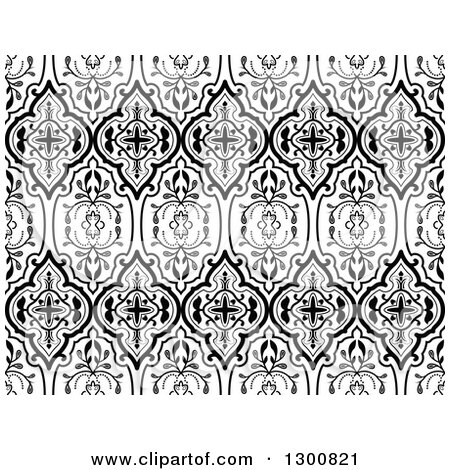 Clipart of a Black and White Ornamental Flower Pattern Background - Royalty Free Vector Illustration by dero