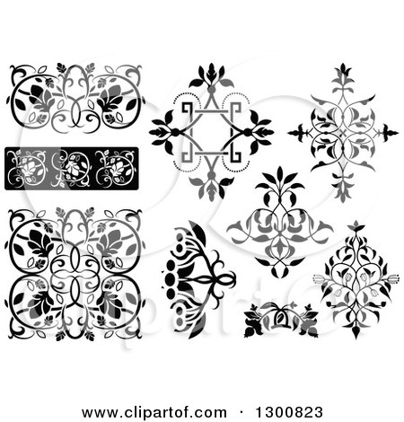 Clipart of Black and White Ornate Vintage Floral Design Elements - Royalty Free Vector Illustration by dero